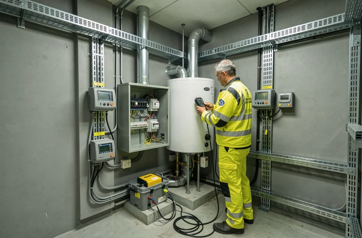 Électricien sanitaire de la Société d'Application Générale d'Électricité et Sanitaire travaillant sur un tableau électrique industriel