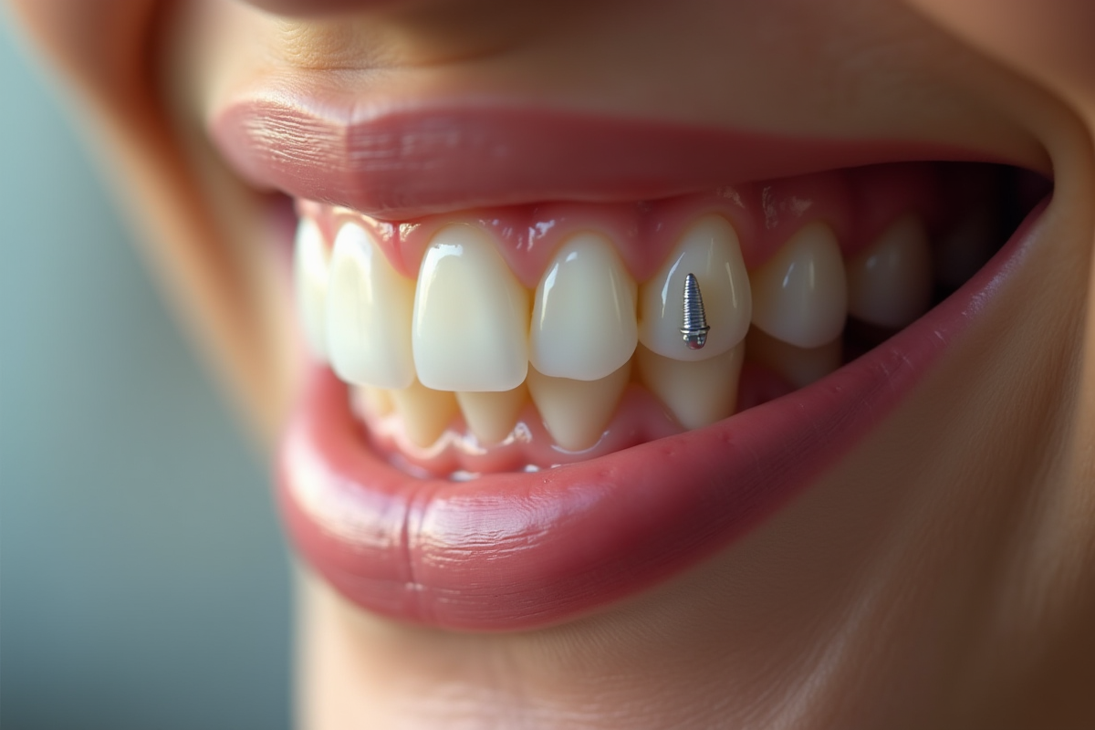 Sourire montrant un implant dentaire naturel parmi dents saines