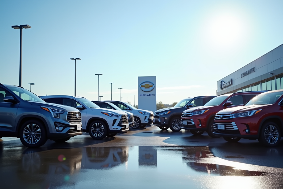 Plusieurs SUV en concession avec reflets et ciel bleu