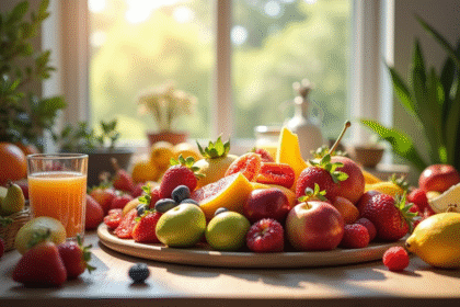 Table chargée de fruits frais colorés ensoleillés