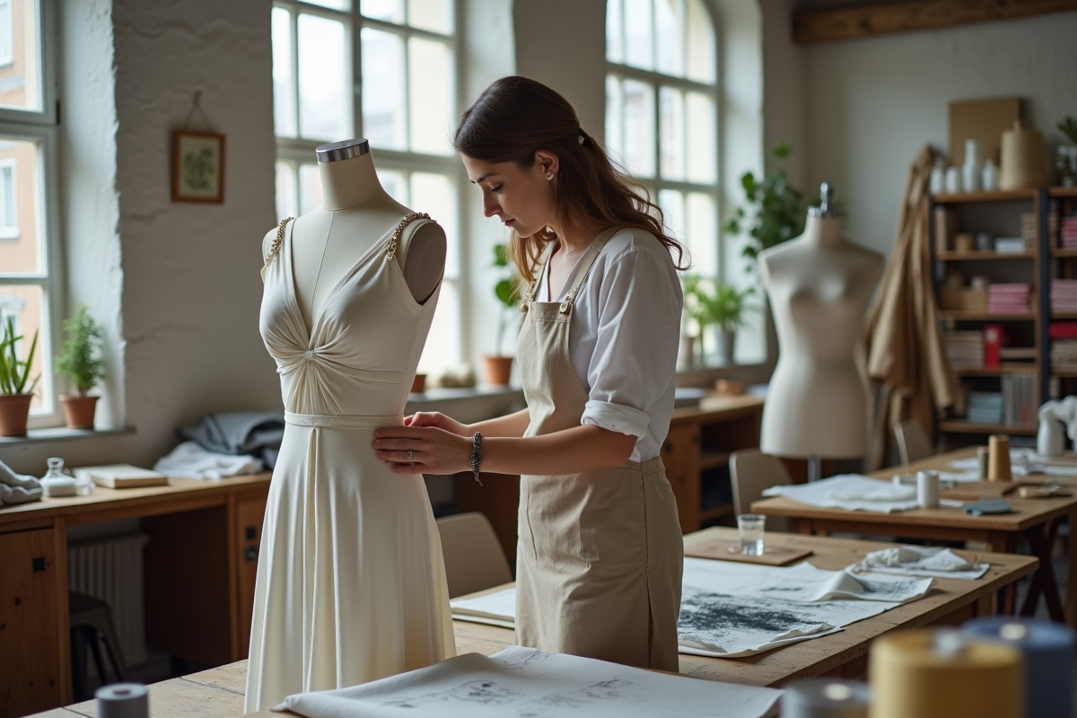 Tailleur ajustant une robe sur un mannequin dans un atelier