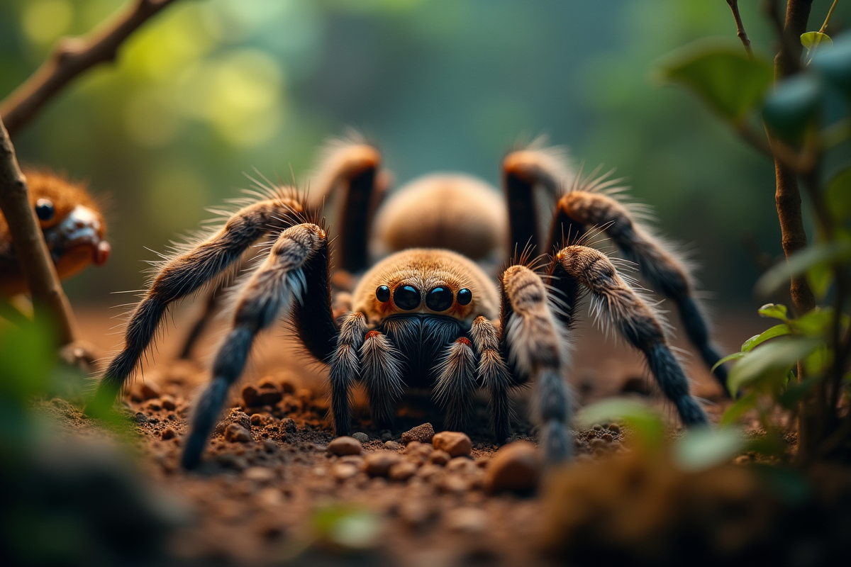 Tarantula calme dans son terrarium avec lumière douce