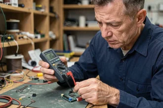 Technicien utilisant un multimètre pas cher sur un circuit électronique dans un atelier d'électronique