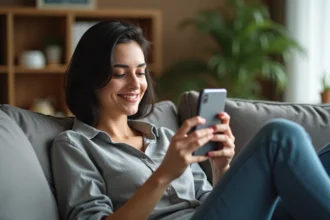 Femme utilisant l'application Tiviob sur smartphone allongée dans un salon moderne