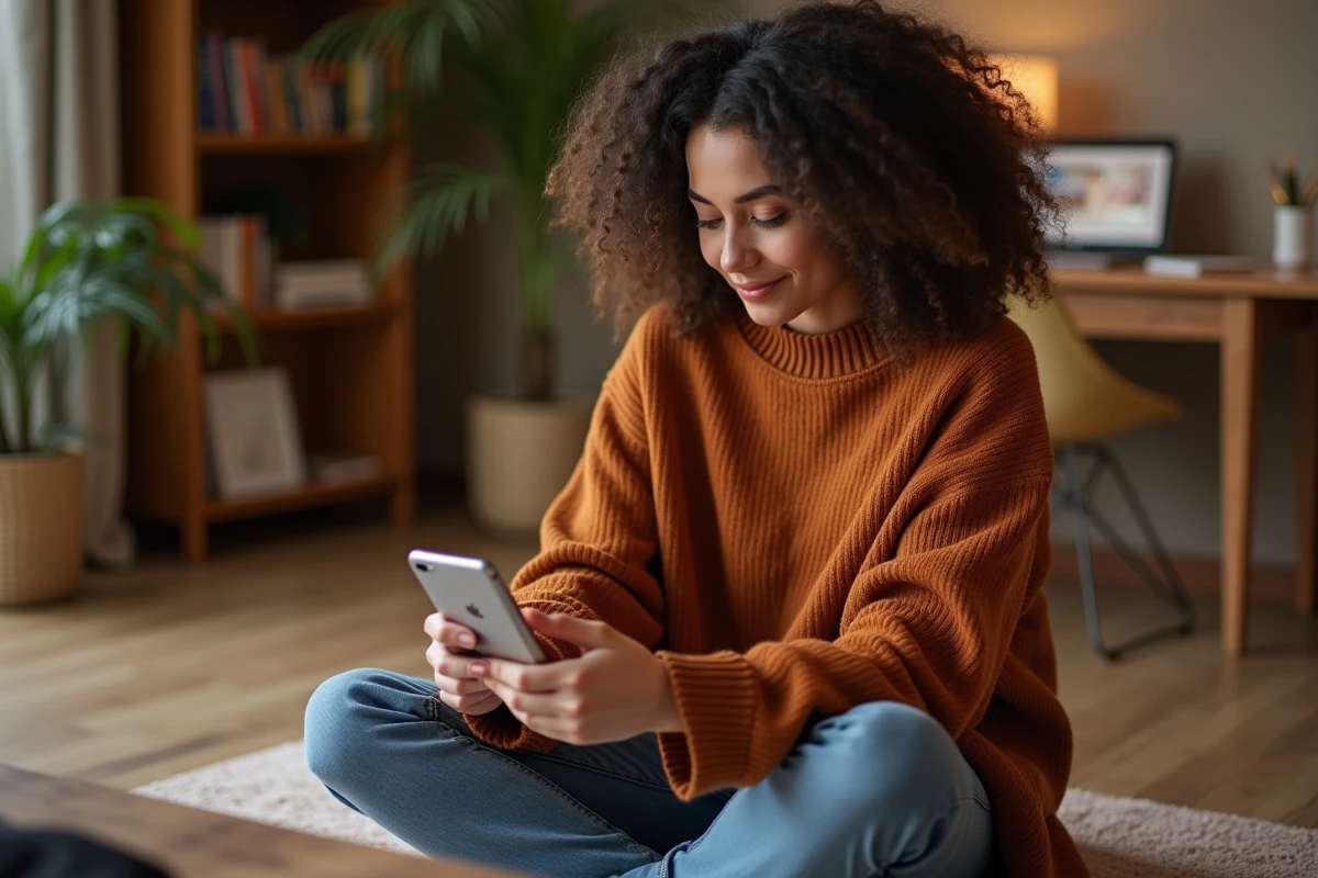 Jeune femme comparant l'affichage de Tiviob sur smartphone et tablette à domicile
