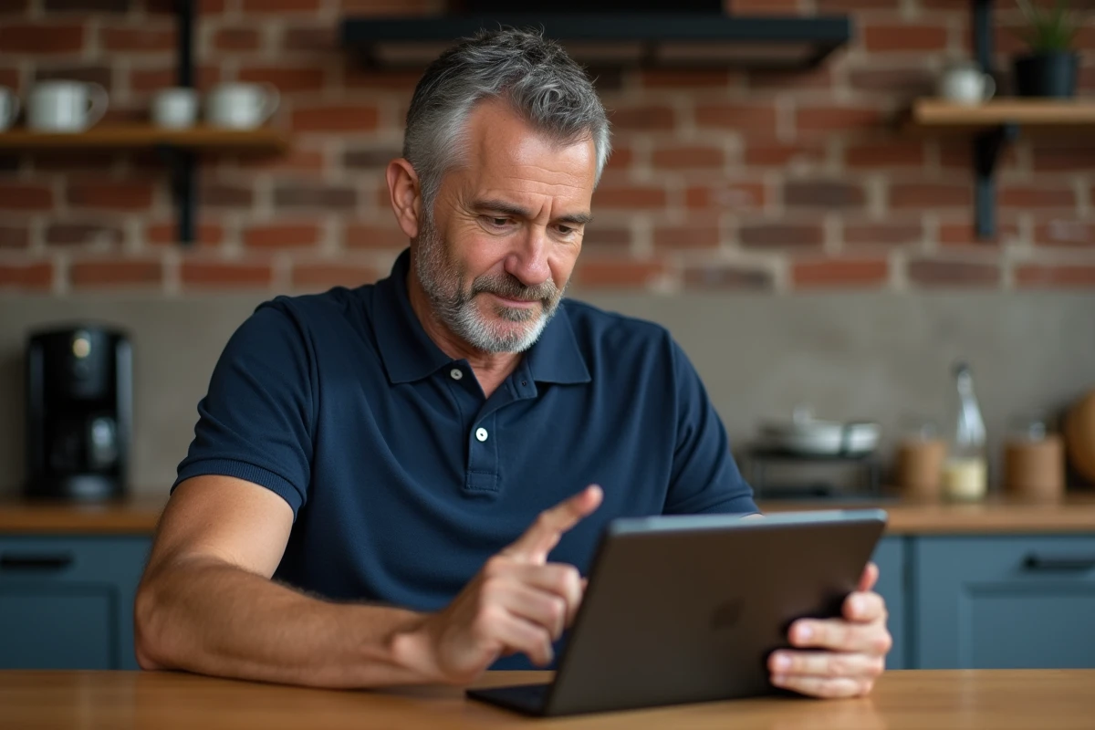 Homme optimisant son expérience de streaming Tiviob sur une tablette dans une cuisine moderne