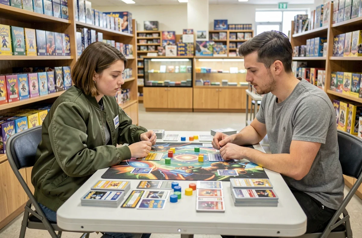 Deux joueurs s'affrontent dans un tournoi de JCC Pokémon dans une boutique spécialisée avec des boîtes de la nouvelle édition 2026