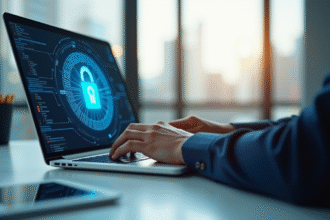 Professionnel travaillant sur un ordinateur avec un cadenas digital