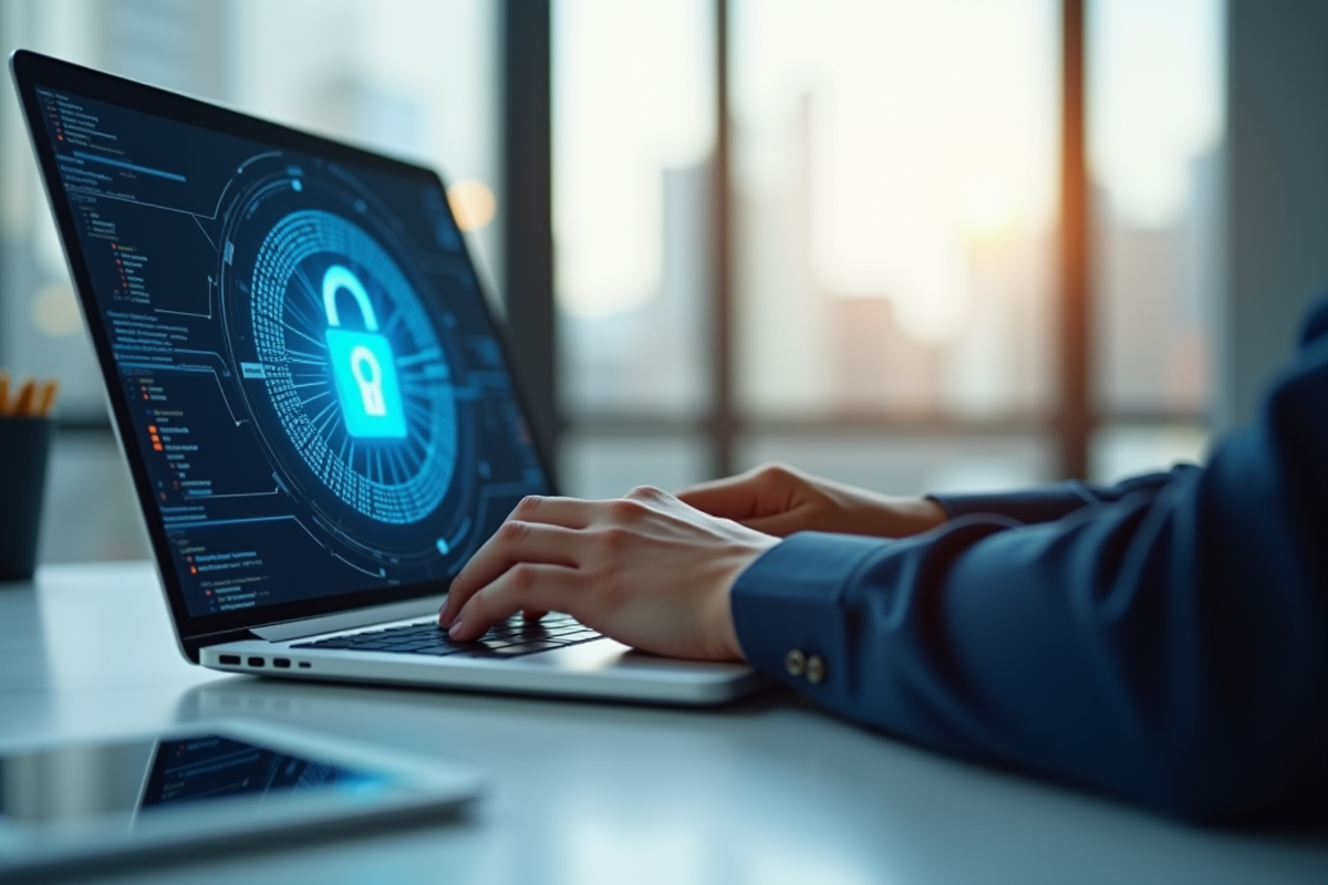 Professionnel travaillant sur un ordinateur avec un cadenas digital