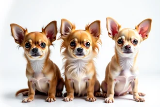 Trois chihuahuas miniatures aux poils différents en studio