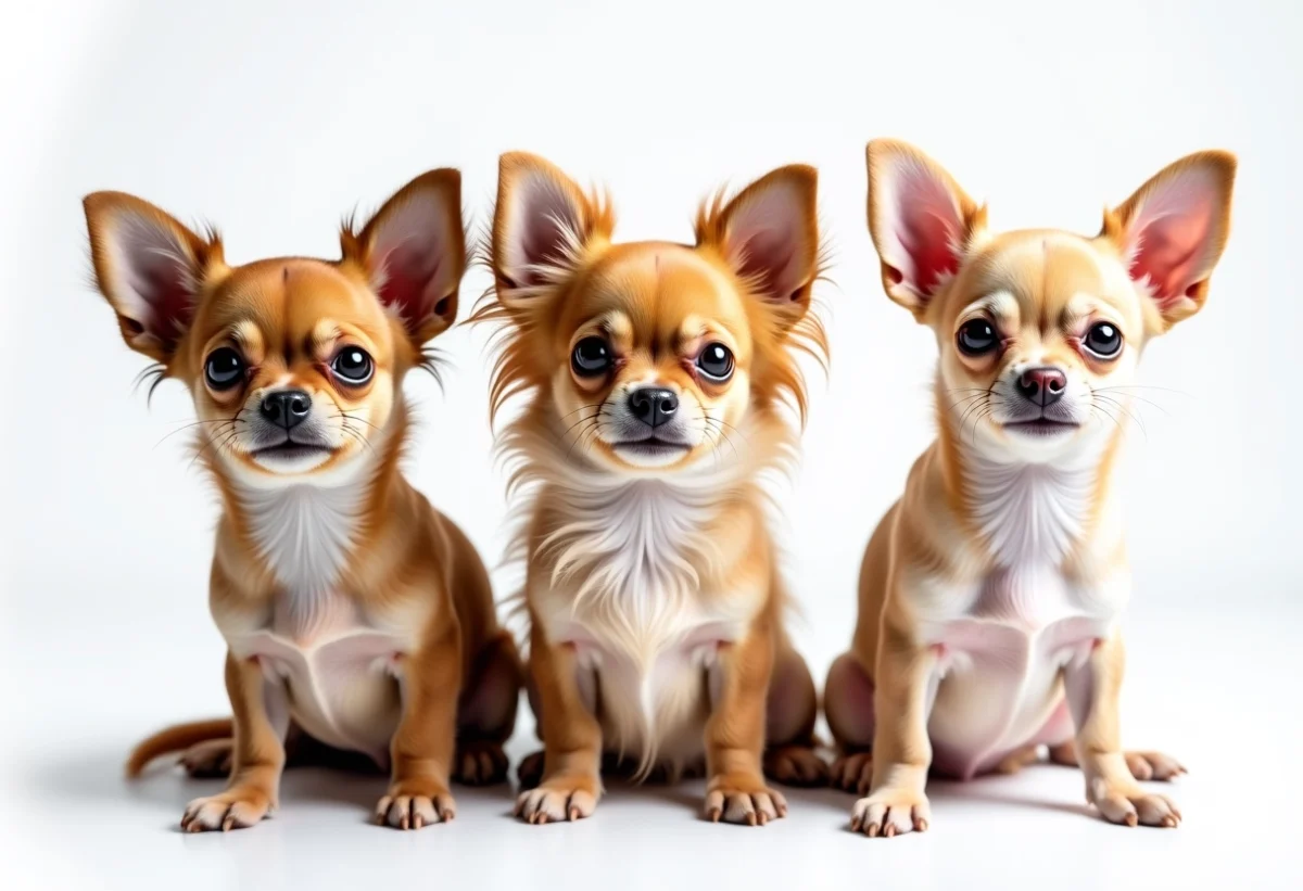 Trois chihuahuas miniatures aux poils différents en studio