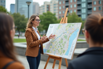 Urbaniste expliquant une carte de zonage en extérieur