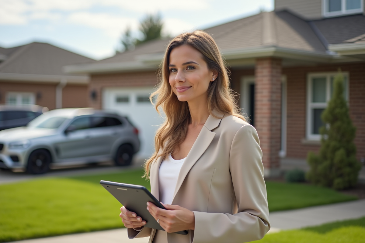 Spécialiste en évaluation immobilière devant une maison