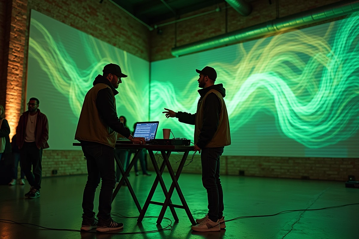 Duo de visual jockeys lors d'un événement artistique en entrepôt avec projection mapping sur mur en brique
