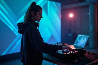 Visual jockey féminine derrière son équipement VJ lors d'une performance en club, écran de visuels abstraits en arrière-plan