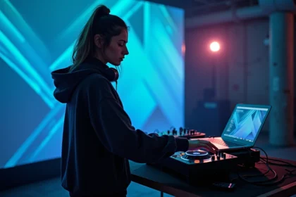 Visual jockey féminine derrière son équipement VJ lors d'une performance en club, écran de visuels abstraits en arrière-plan