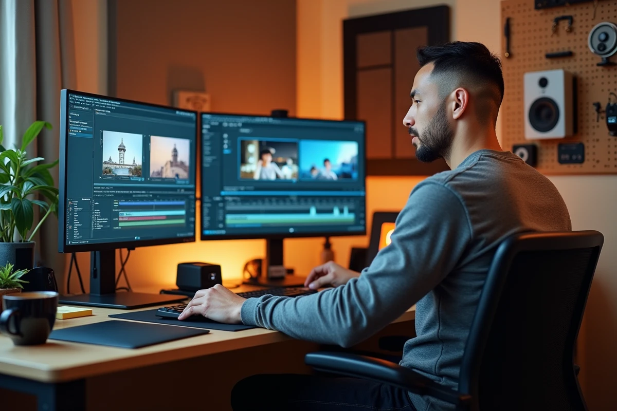 Visual jockey masculin travaillant sur sa création de contenu vidéo dans un studio home office équipé de deux écrans